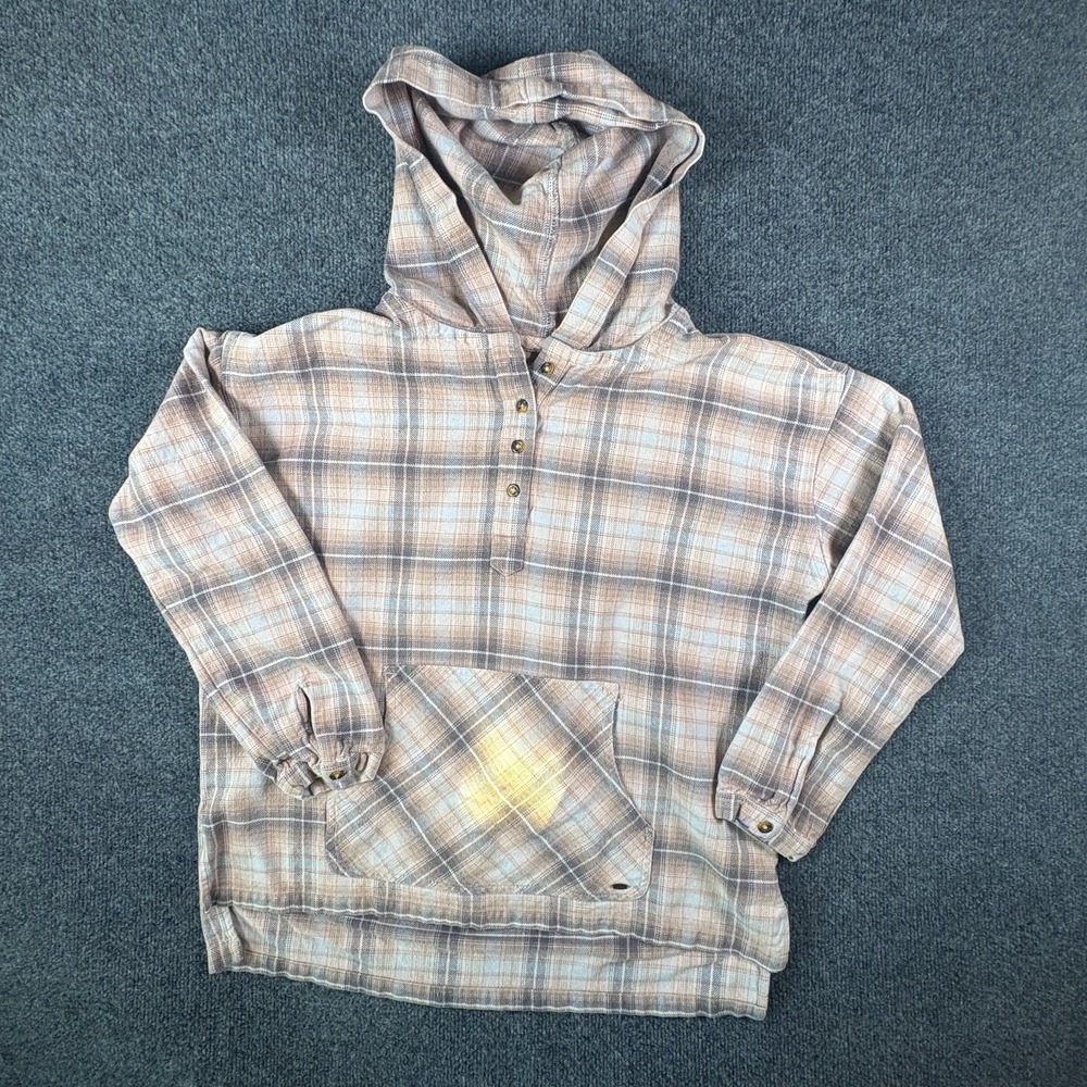 O'Neill Flannel Hoodie Womens XL Multicolor Plaid Cotton High Low Hem 1/4 Button